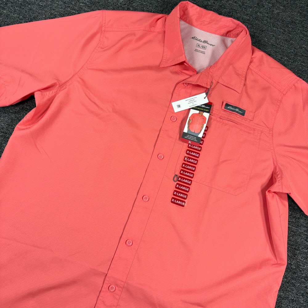 Eddie Bauer Tech Woven Shirt Mens XL Tea Rose Short Sleeve UPF Wicking NEW
